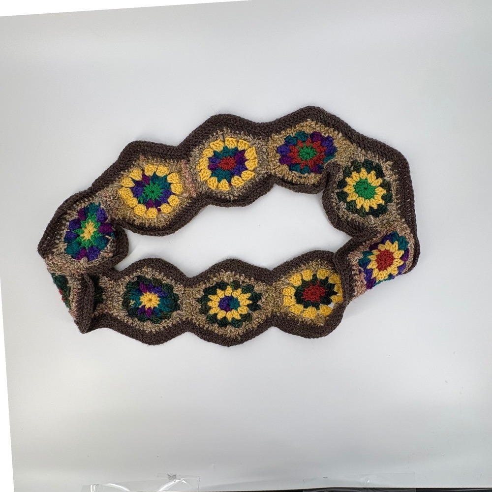 Handmade Crochet Granny Square Infinity‎ Scarf Brown Multicolor Boho Retro